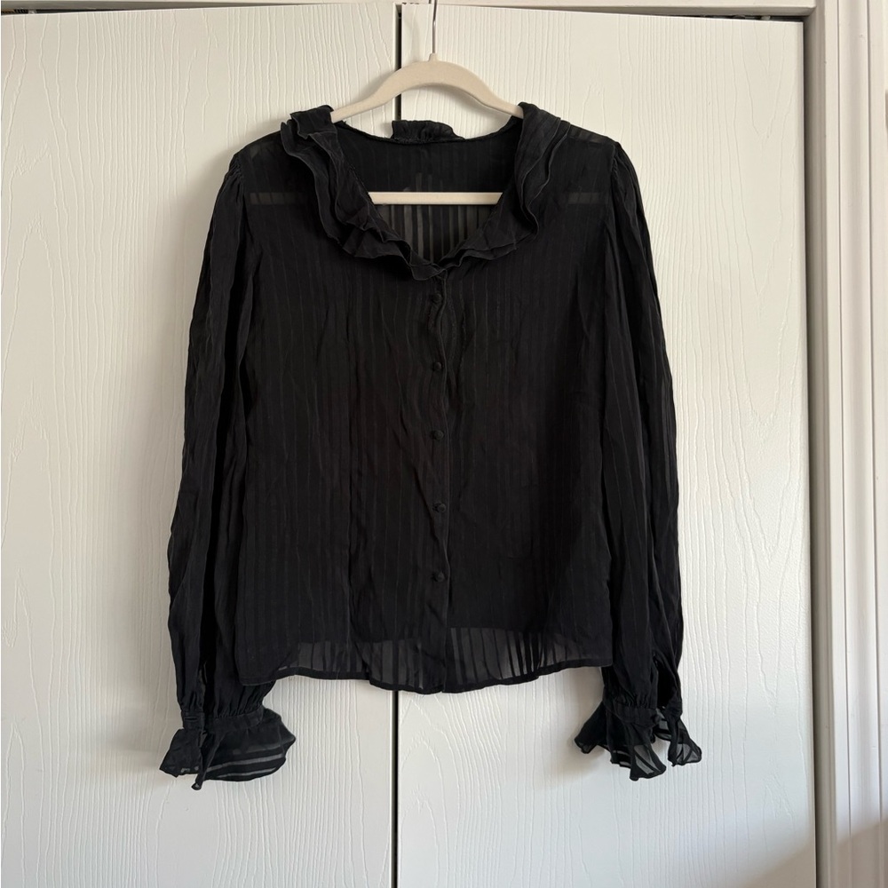 Silk Black Ruffled Sheer Top